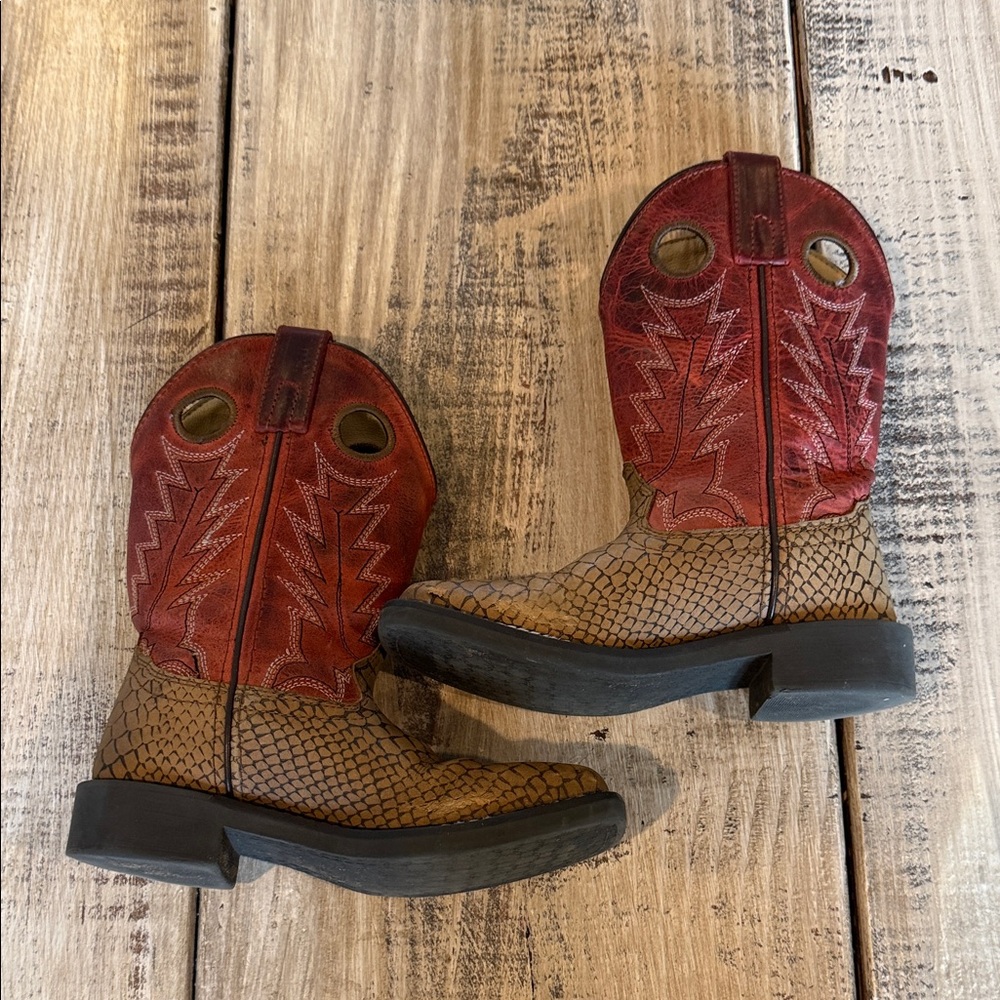 Kids Two-Tone Brown and Red Pull-On Western Boots - Picture 3 of 16